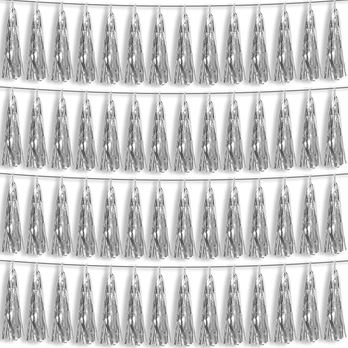 4P Silver Foil Fringe Metallic Tassel Streamers Banner Tassel Garland for Parade Floats, Bachelor... | Amazon (US)