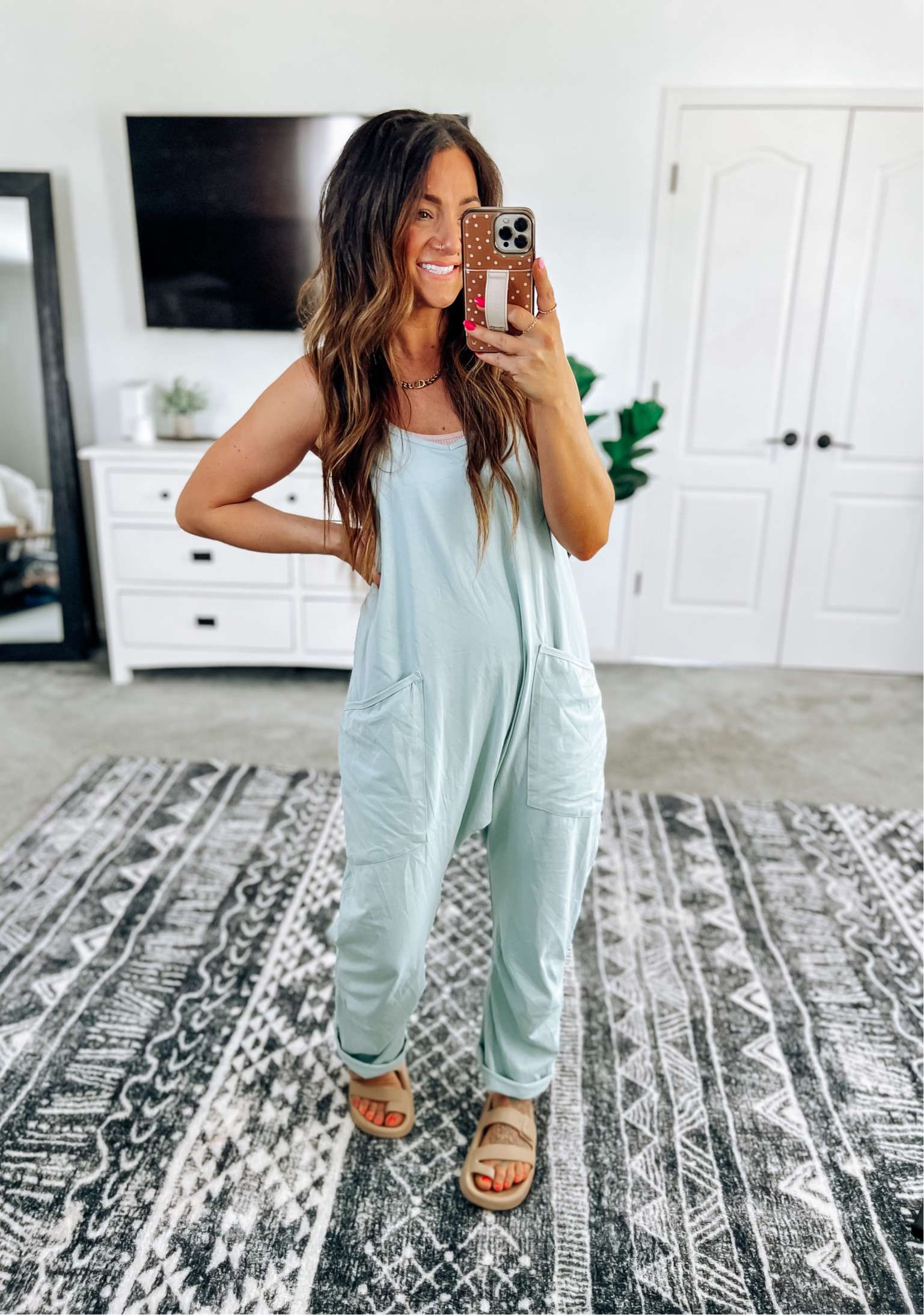 Jumpsuit style trend! Love it! In my true size small, runs perfectly oversized! 10
Color options 👏 sandals run big, size down in these…SO comfy!! 

#LTKSeasonal #LTKunder50 #LTKstyletip