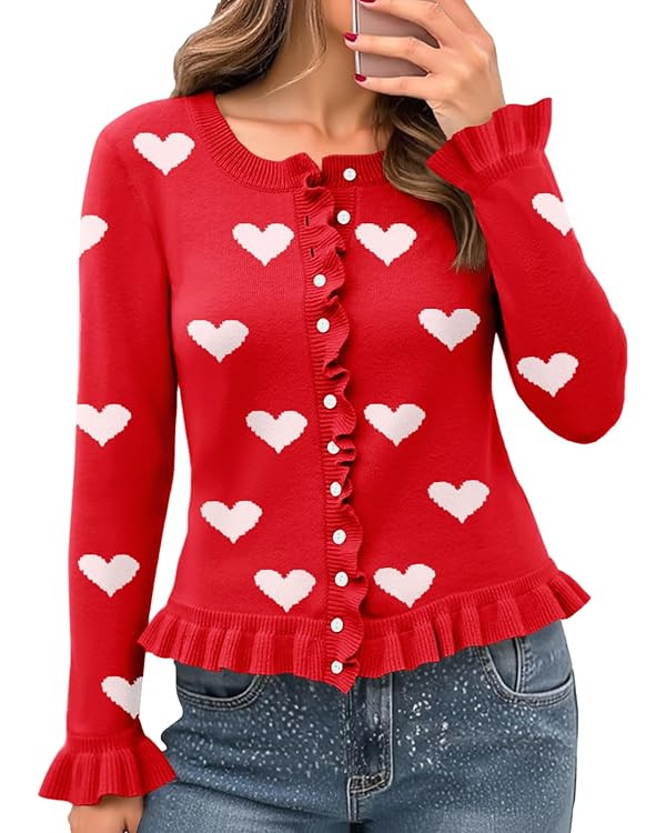 Saodimallsu Womens Ruffle Cardigan Sweaters Button Up Crew Neck Long Sleeve Cropped Sweater Cute ... | Amazon (US)