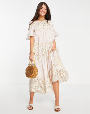 River Island tiered mixed print bardot maxi dress in pink | ASOS (Global)