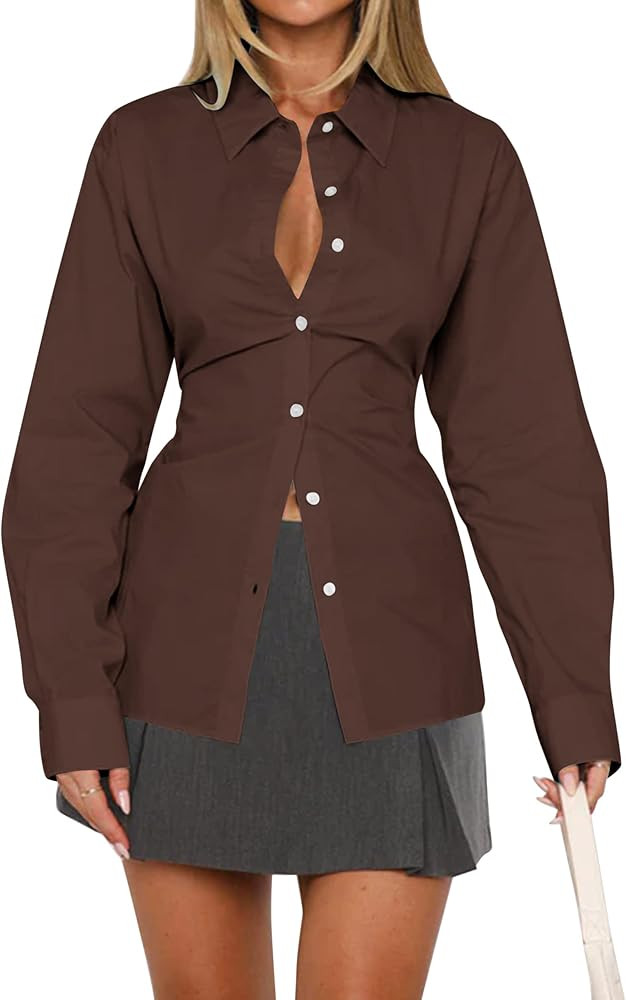 MISSACTIVER Women's Lapel Collar Button Down Shirt Cinch Waist Long Sleeve Casual Work Dressy Tun... | Amazon (US)
