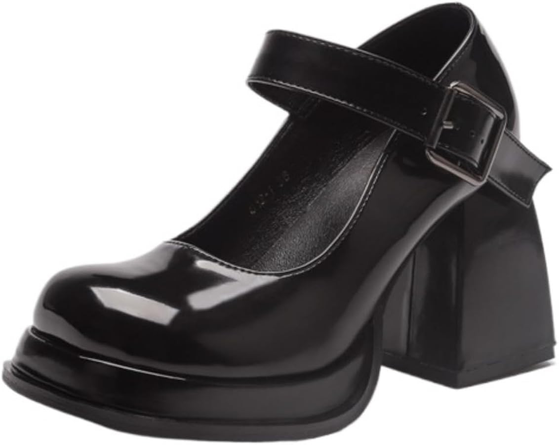 ZQW Women's Black Mary Jane Shoes - Round Toe Chunky Heel Pumps Platform JK Goth High-Heel Dress ... | Amazon (US)