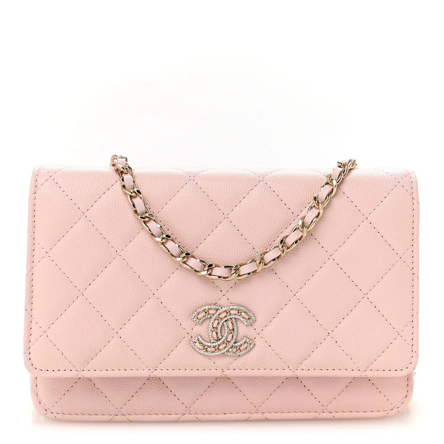 Caviar Quilted Crystal CC Wallet On Chain WOC Light Pink | FASHIONPHILE (US)