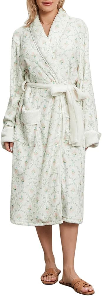 Fluffy Robes for Women Cute Cherry Floral Print Long Sleeve Shawl Collar Bathrobe Long Plush Belt... | Amazon (US)