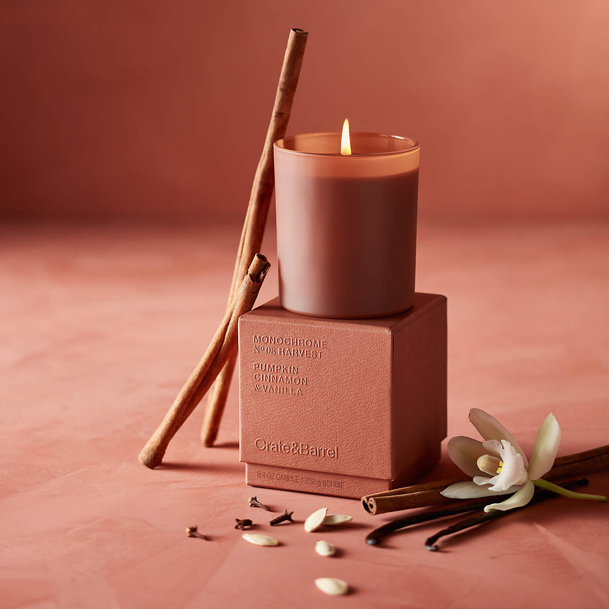 Monochrome No. 8 Harvest 1-Wick Scented Candle - Pumpkin, Cinnamon, Vanilla + Reviews | Crate & B... | Crate & Barrel