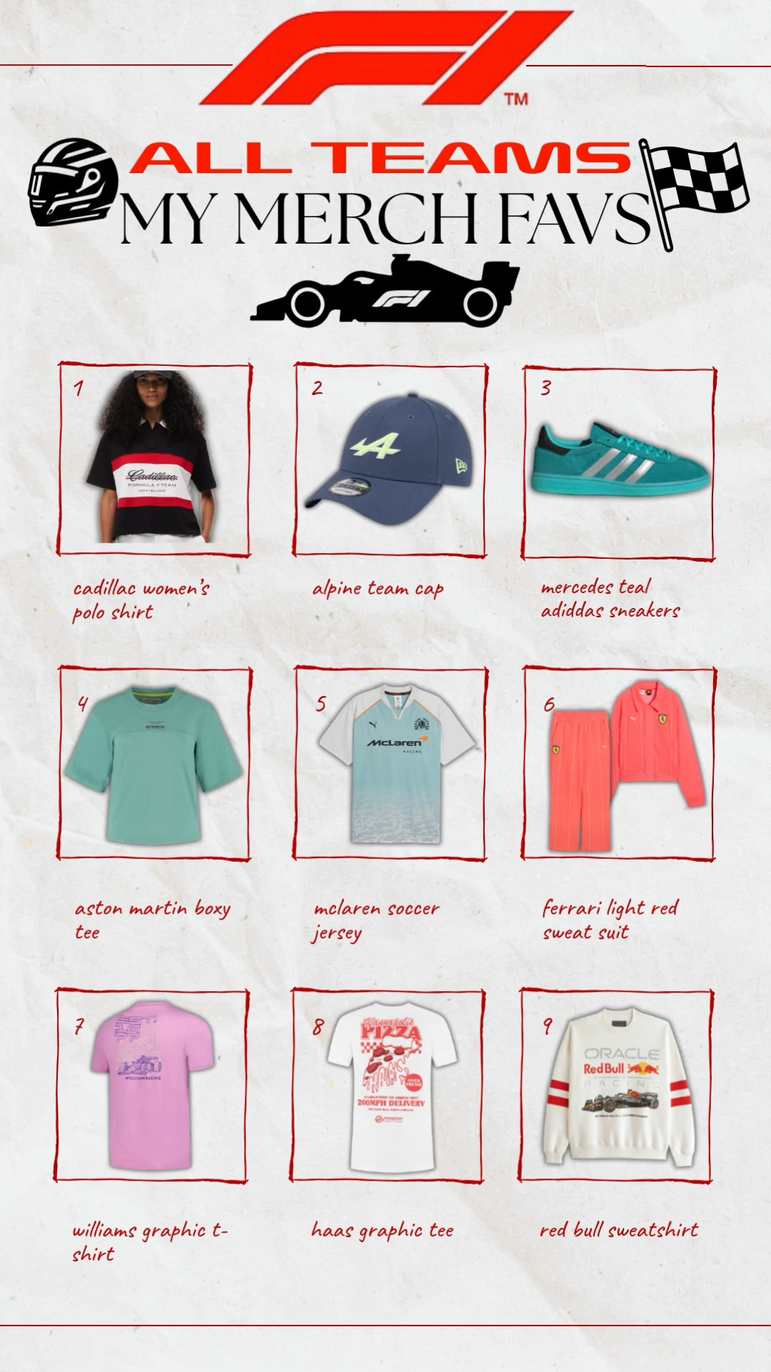 The 2026 Formula One season is here and with it comes new merch. With eleven teams on the grid, there is a bunch of new clothing items on the scene for you to shop from. Each Formula One team released a bunch of merch. I gathered some of my favorite merch items from all 11 teams for you to shop.

(March 5, 2026)

#LTKSpringSale #LTKSeasonal #LTKgrwm