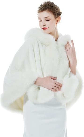 BEAUTELICATE Damen Kunstpelz Braut Umhang mit Kapuze Winter Braut Poncho Cape Kurz Warm Kunstpelz... | Amazon (DE)