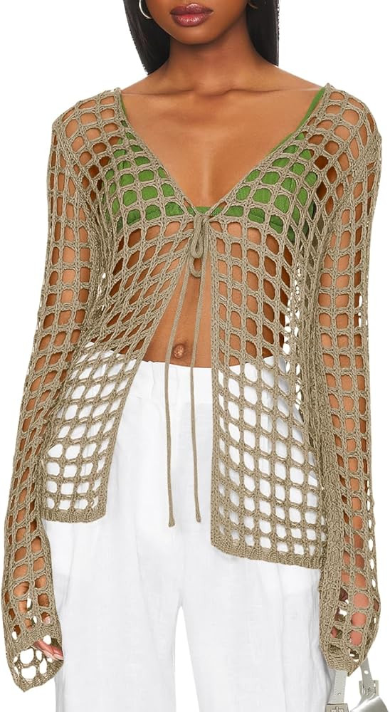 Saodimallsu Womens Long Sleeve Swimsuit Coverup Crochet Hollow Out Tie Front Swim Cover Up Knit C... | Amazon (US)