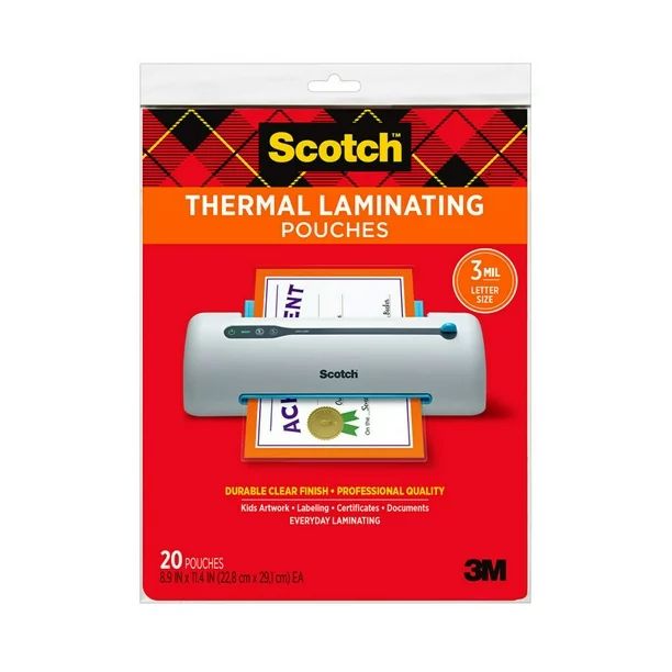 Scotch Thermal Laminating Pouches, 8.5"x 11", 3 mil Thick, 20 Count | Walmart (US)