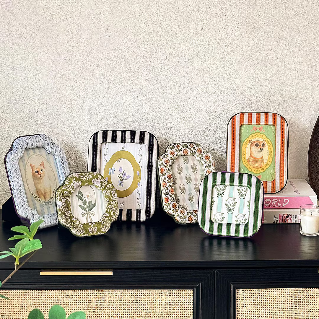 Velvet Wrapped Vintage Stripe Picture Frames – Whimsical Animal & Floral Wall Decor (4x4, 4x6, ... | Etsy (US)