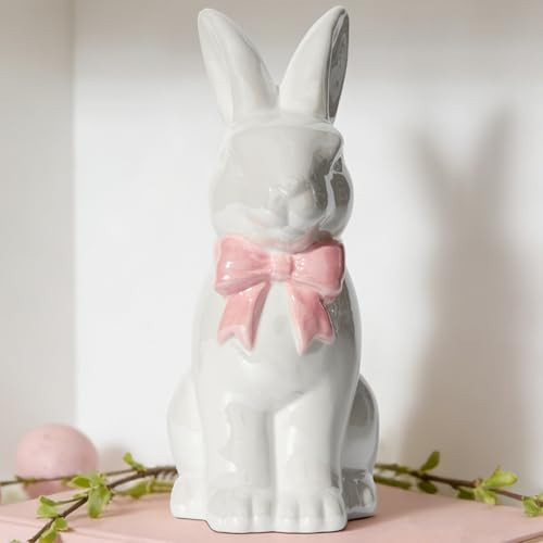 DN DECONATION Easter Decoration Bunny Decor - Spring Easter White Rabbit Sculpture, Ceramic Statues with Pink Bow for Farmhouse Home Decor Tabletop Shelf Mantel Dining Table Centerpiece | Amazon (US)