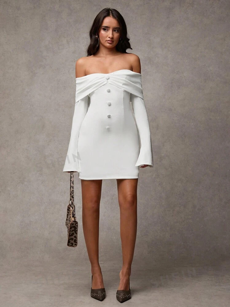 SHEIN BAE Women Solid Color Button Decor Off-Shoulder Elegant Long Sleeve Dress | SHEIN