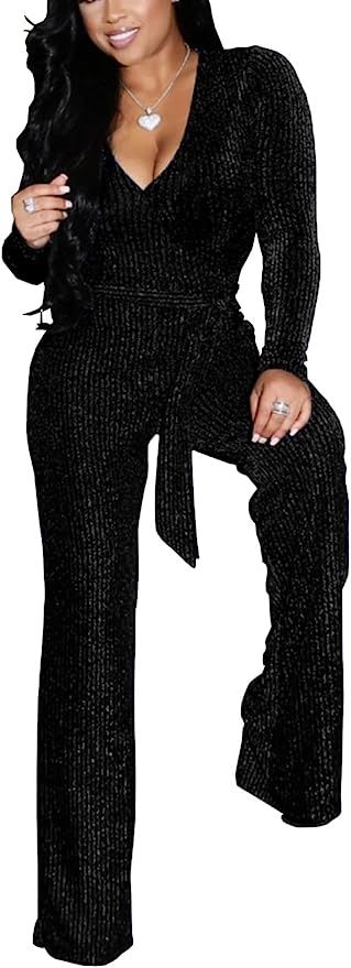 BessCops Women's Sexy Sparkly Jumpsuits Clubwear One Piece Long Sleeve V Neck Wide Leg Pant With ... | Amazon (US)