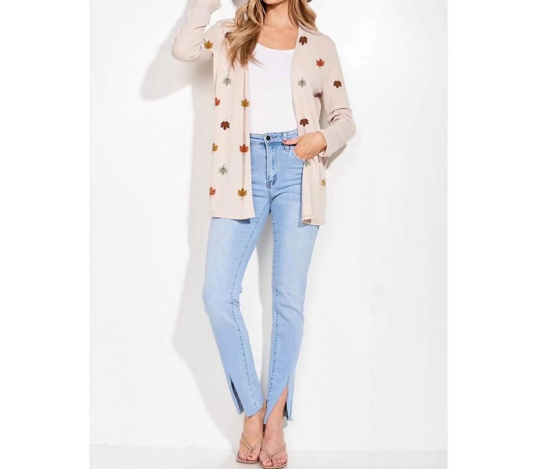 Fall Leaves Print Knit Cardigan In Khaki | Shop Simon
