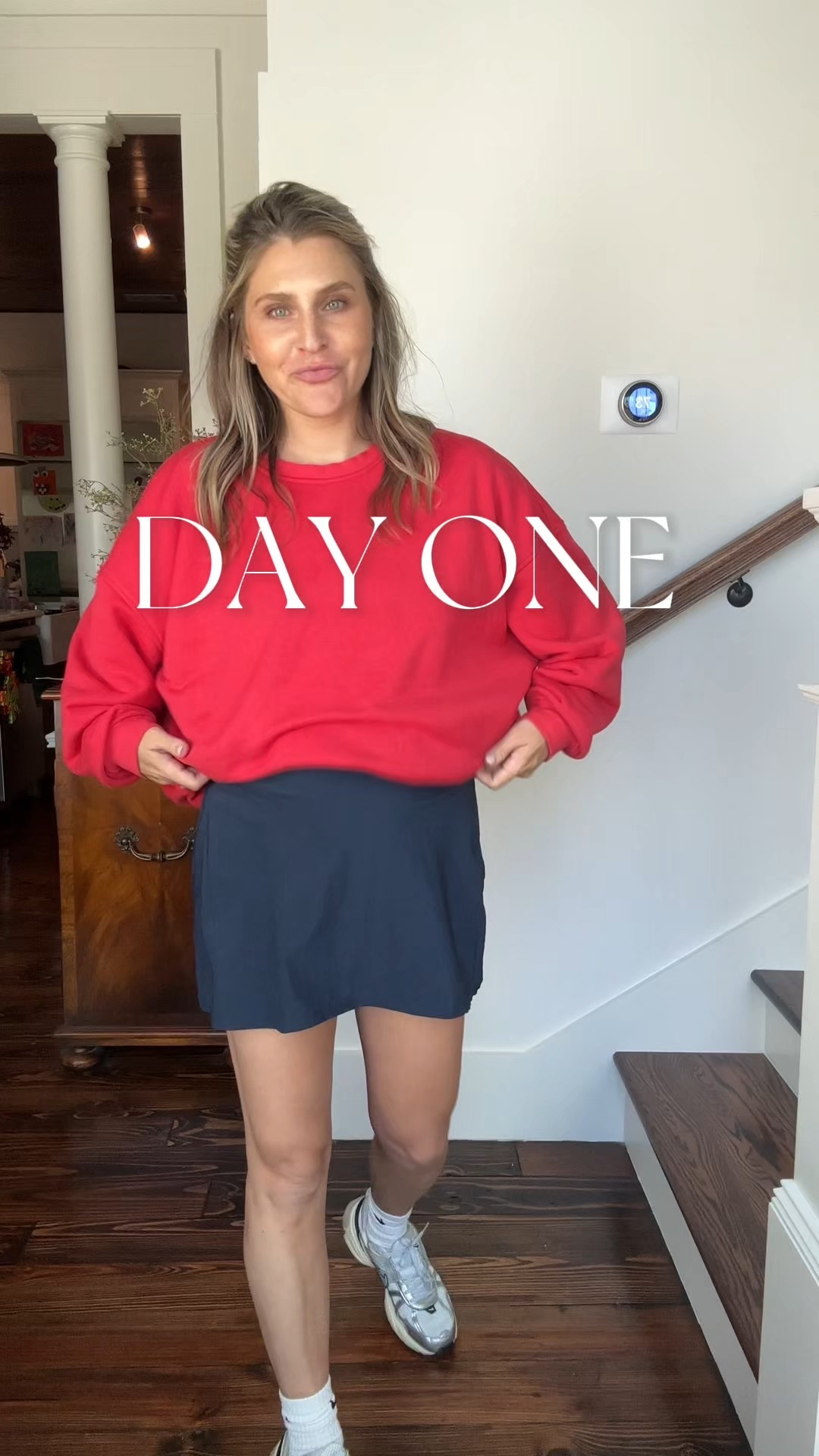 Dress: Small P (my usual size) but could’ve sized up 

Sweatshirt: M