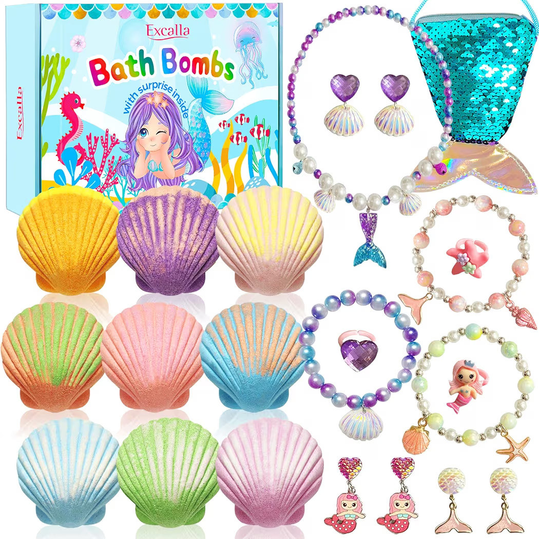 Mermaid Bath Bombs for Girls Kids with Toys Inside, 9 Pcs Natural Handmade Shell Bubble Bath Bomb... | Amazon (US)