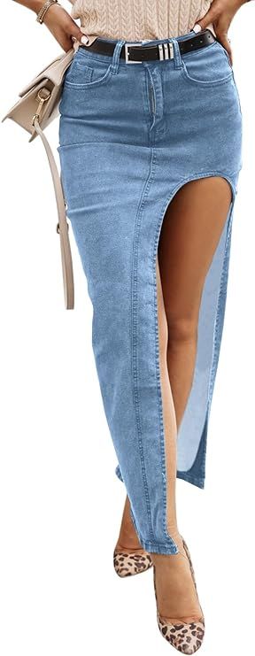 Wenrine Women's Sexy High Waist Denim Skirt Split Zip Up Jean Skirt Casual Maxi Skirt with Pocket... | Amazon (US)