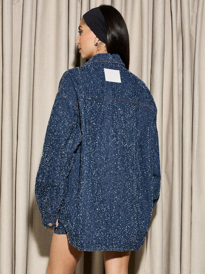 AiiRZ Oversized Boucle Sparkle Denim Jas Set Lange Mouwen Overhemd Minirok Tweedelige Festival Pa... | SHEIN