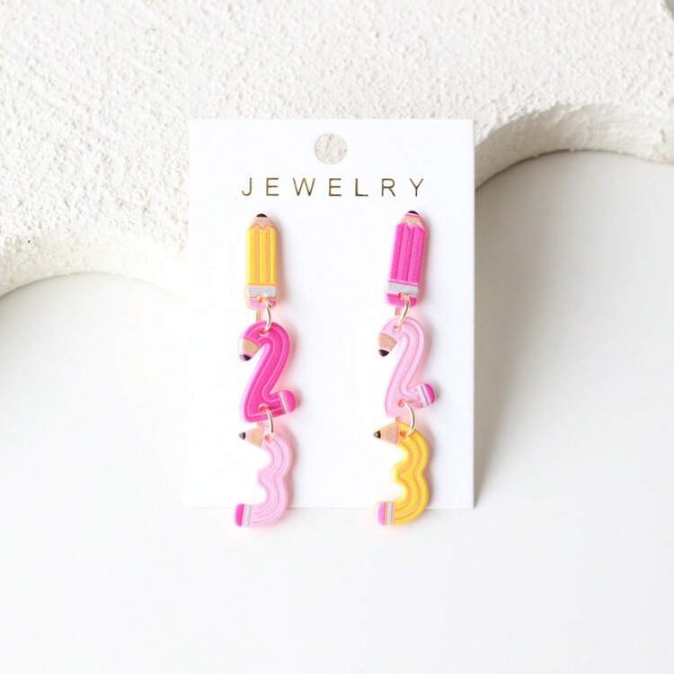 1 Pair Pink 123 Number Pencil Shaped Acrylic Dangle Earrings, Cute Vintage Minimalist Style, Suit... | SHEIN