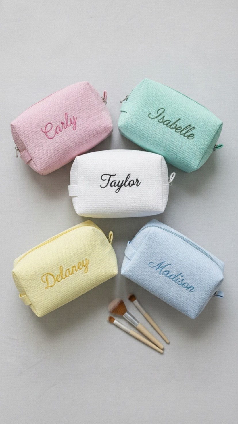 Custom embroidery waffle knit makeup bags!

#LTKselfcare #LTKgrwm #LTKFindsUnder50