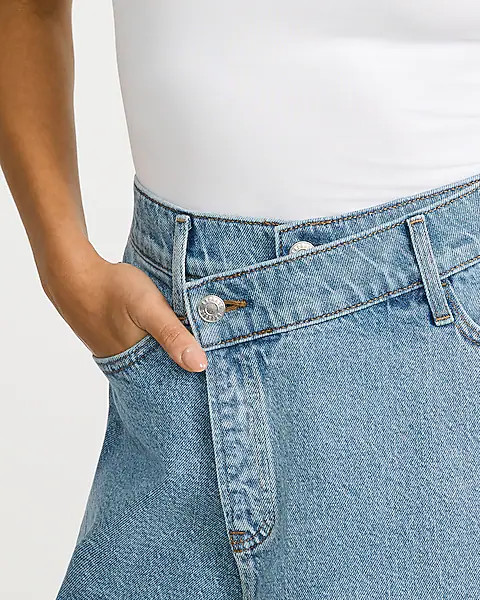 High Waisted Light Wash Asym Wrap Denim Skort | Express