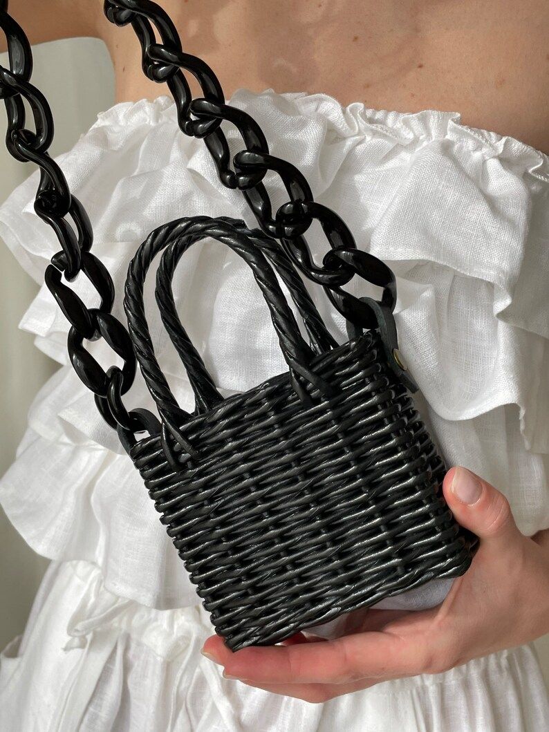 Mini Crossbody Bag Black Micro Straw Bag with Chunky Chain | Etsy | Etsy (US)