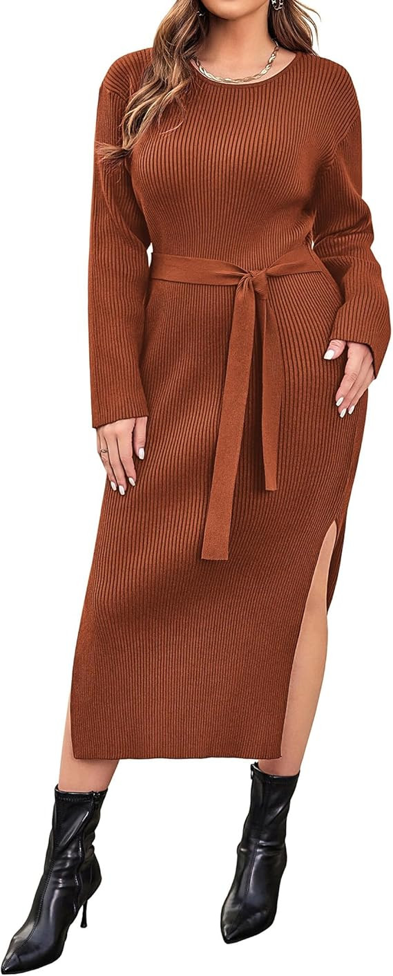 IN'VOLAND Plus Size Womens Ribbed Sweater Dress Long Sleeve Crewneck Tie Waist Knit Bodycon Midi ... | Amazon (US)