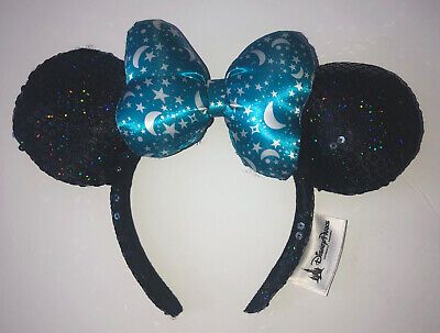 Rare Disney Parks Blue/Black Minnie Mouse Sequin Moon & Stars Ears Headband | eBay US