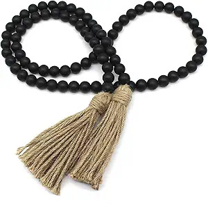 CVHOMEDECO. Wood Beads Garland with Tassels Farmhouse Rustic Wooden Prayer Bead String Wall Hangi... | Amazon (US)