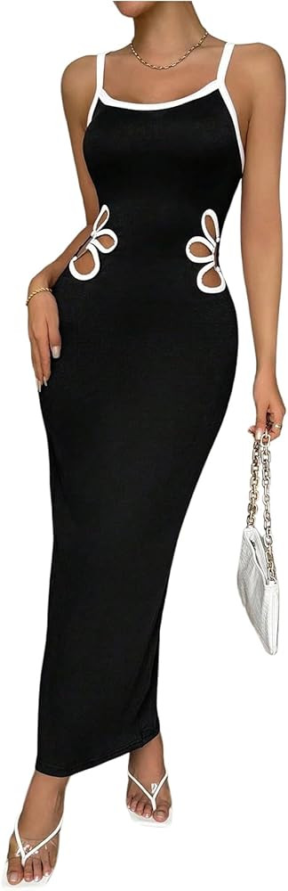 Verdusa Women's Floral Cut Out Bodycon Maxi Dress Split Backless Sleeveless Cami Dress | Amazon (US)