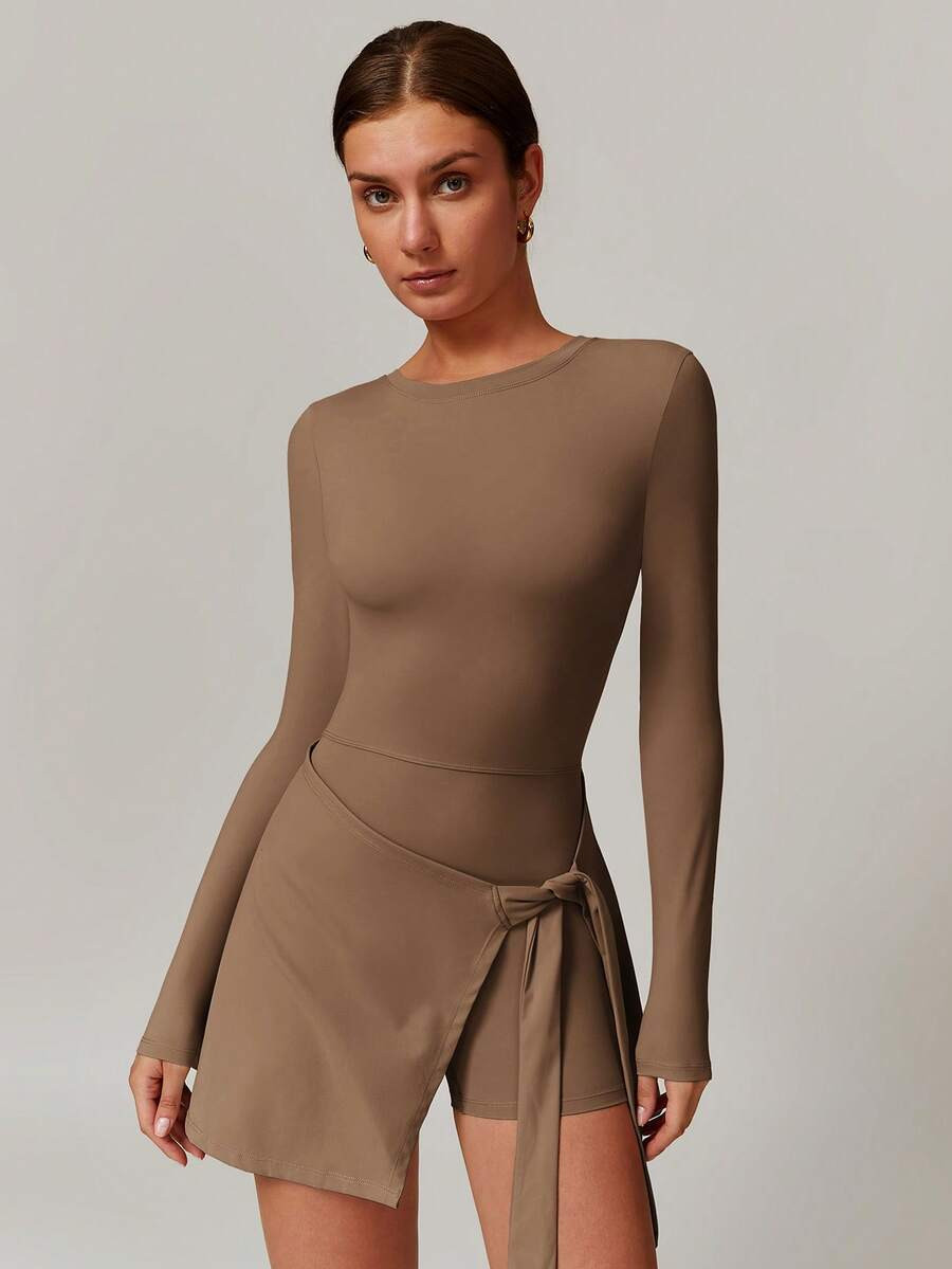 MASKERT Vestido deportivo de una pieza para mujer, mono de manga larga con orificios para el pulgar y espalda en U con falda cruzada para golf, yoga, tenis y uso diario | SHEIN