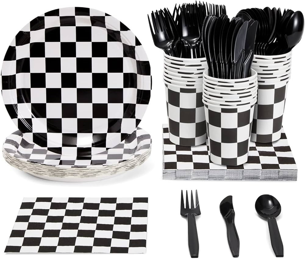144 Piece Race Car Birthday Party Supplies with Checkered Flag Plates, Napkins, Cups, and Cutlery... | Amazon (US)
