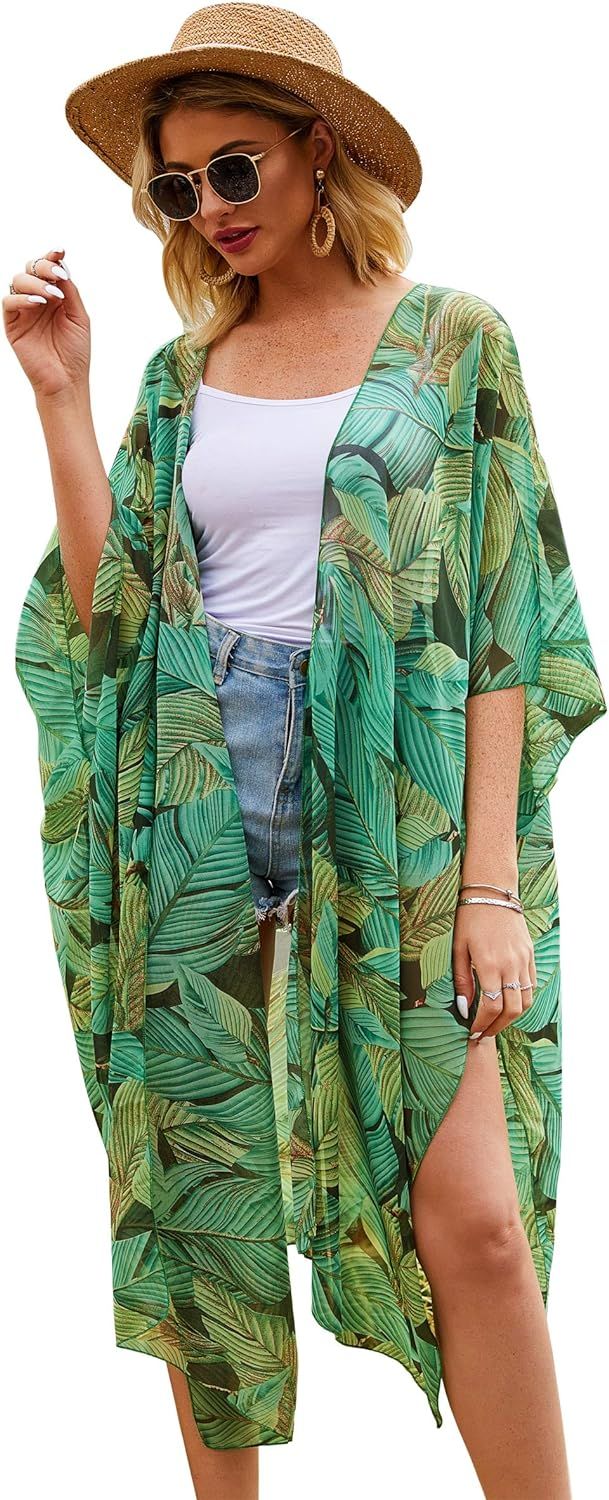 Hibluco Women's Casual Printed Kimono Cover Up Cardigan Sheer Tops Loose Blouse | Amazon (US)