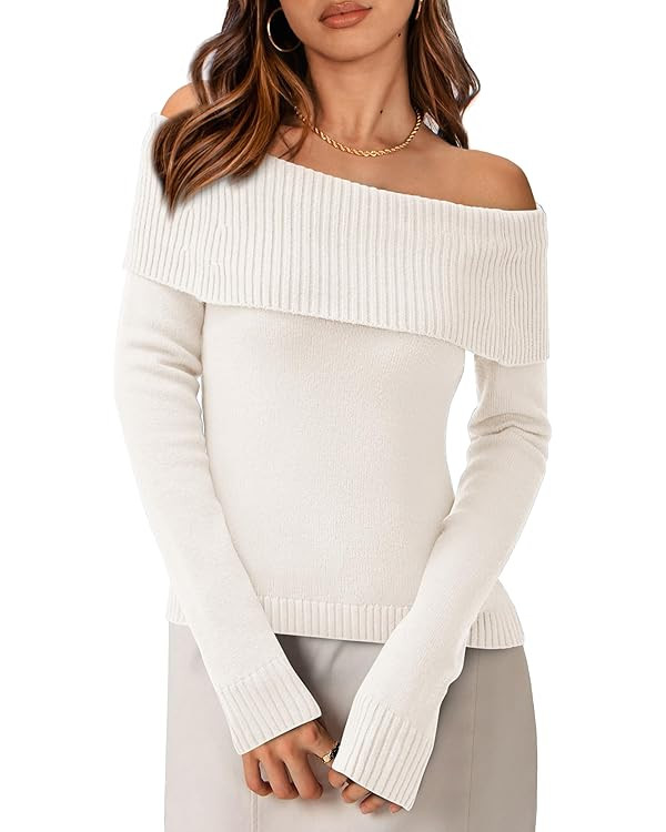 PRETTYGARDEN Women's Fall Off Shoulder Sweaters Y2K Long Sleeve Ribbed Knit Fitted Pullover Winte... | Amazon (US)