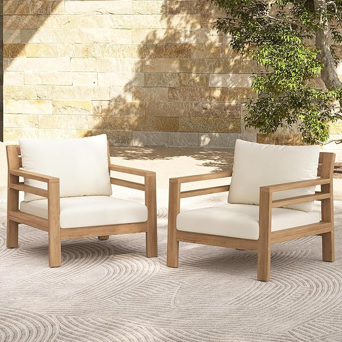 Merax Outdoor Acacia Wood Club Chairs with Beige Cushions (Set of 2), Light Teak Finish Armchair ... | Amazon (US)