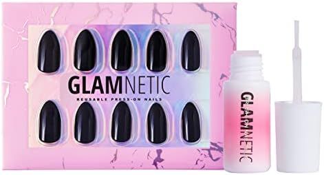 Glamnetic Press On Nails - Boba and Brush On Nail Glue | Opaque Black Short Almond Nails, Reusable | | Amazon (US)