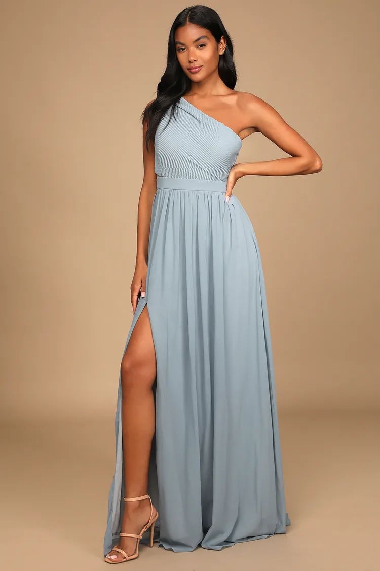 Lovely Endings Dusty Blue One-Shoulder Pleated Maxi Dress | Lulus (US)