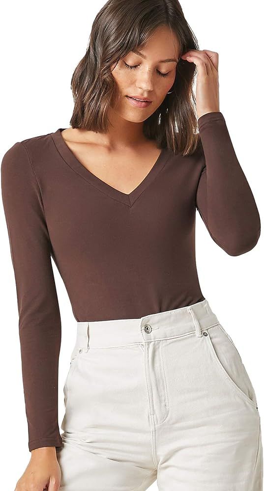 Floerns Women's Basic V Neck Long Sleeve Tee Tops Slim Fit Solid T-Shirts | Amazon (US)