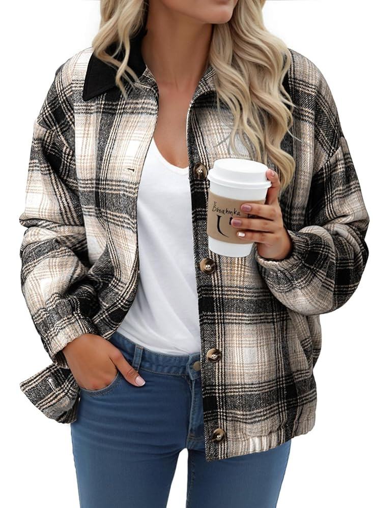 Dokotoo Womens Flannel Plaid Shacket Jackets Corduroy Collar Long Sleeve Button Down Fleece Jacke... | Amazon (US)