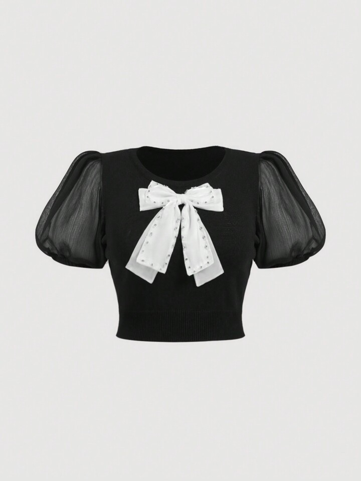 SHEIN MOD Plus Size Summer Black And White Color Block Lace Decorated Puff Sleeve Knit Top With B... | SHEIN