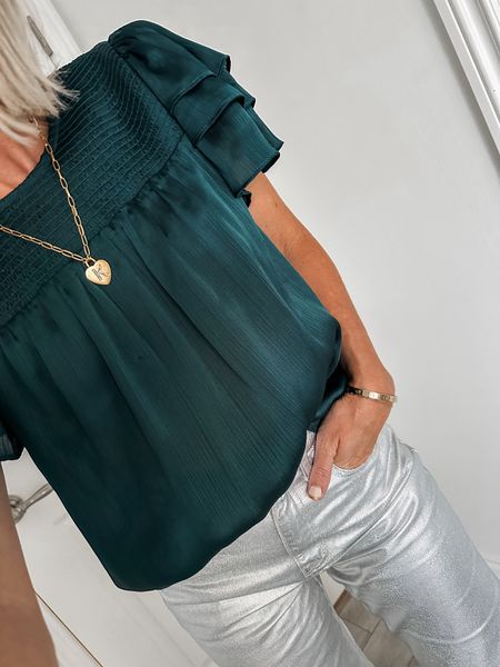 Holiday outfit, Thanksgiving outfit, coated denim, silver pants, silver, jeans
Size down and save with code LETSGO and LTK20

Green top on my true size xs
Christmas
Petite style, Fashion over 40, straight leg jeans

#LTKHoliday #LTKsalealert
