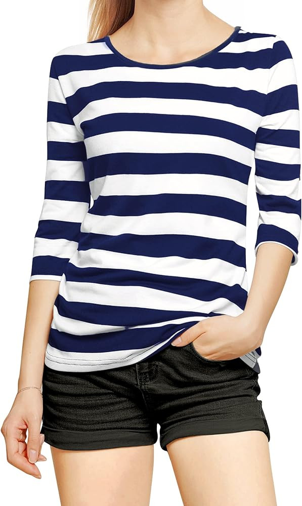 Allegra K Women's Elbow Sleeves Top Round Neck Slim Fit Tee Casual Printed T-Shirt | Amazon (US)