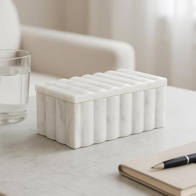 Marble Decorative Storage Box with Lid – Sculpted Fluted Home Organizer Keepsake Boxes for Jewe... | Amazon (US)