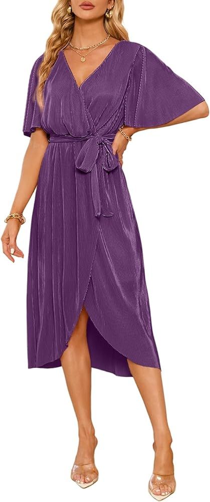 Happy Sailed Women's Wrap V Neck Midi Dress Formal Short Sleeve Pleated Cocktail Party Dresses wi... | Amazon (US)