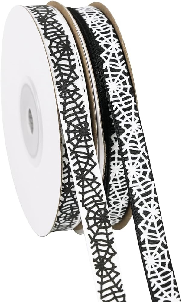 2 Rolls 50 Yards Halloween Ribbon 3/8 Inch Wide, Spider Web Black White Grosgrain Ribbon for Gift... | Amazon (US)