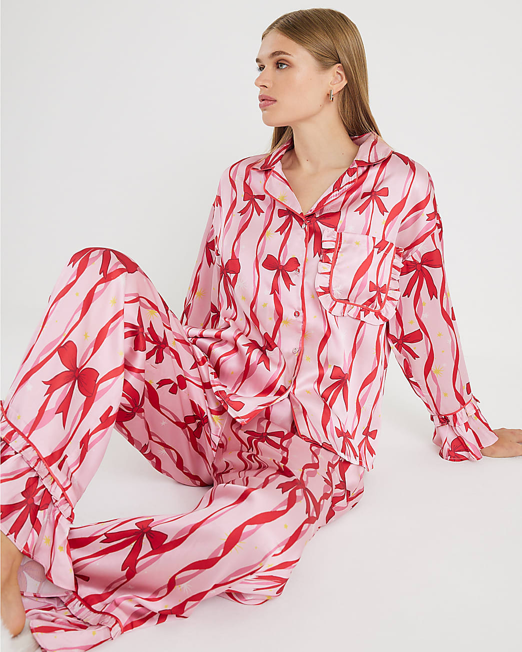 Pink Bow Print Pyjama Set | River Island UK & IE