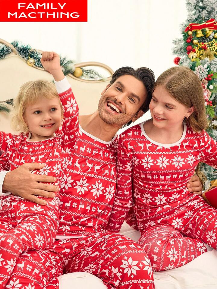 TrendsTween Girl Christmas Pajamas Set, Holiday Party Matching Family Sleepwear Reindeer Fairisle... | SHEIN