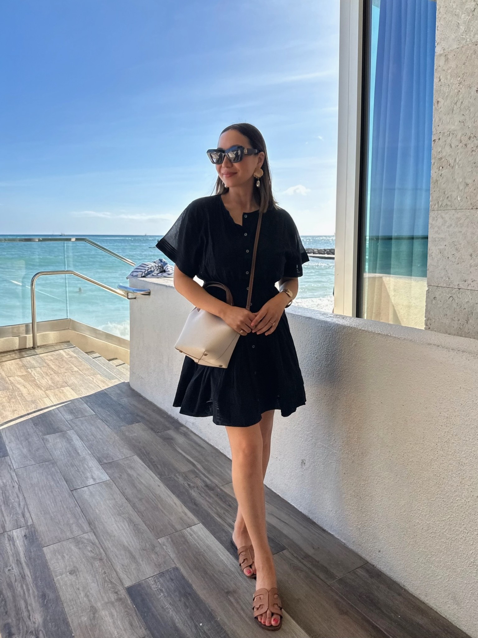 Summer/vacation dress 

Jcrew dress - small.Easy throw/dress you can wear a regular bra with!
Zara tote - cute crossbody that matches camel shoes. Easy to grab phone/items 

#LTKStyleTip #LTKTravel