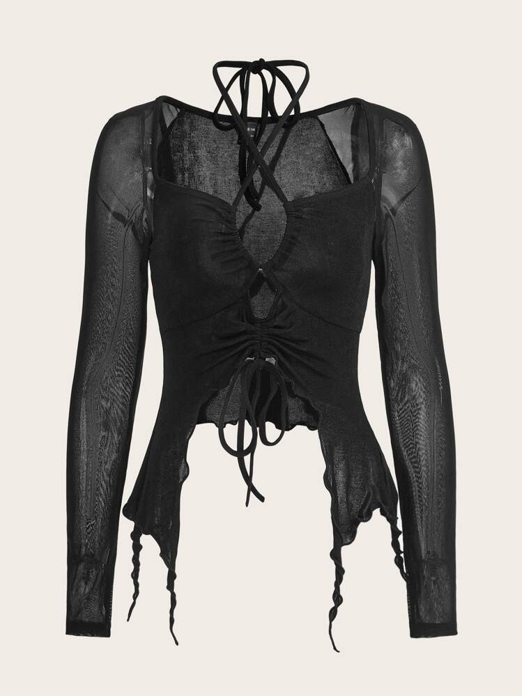 ROMWE PUNK Crisscross Tie Back Drawstring Front Asymmetrical Hem Top | SHEIN