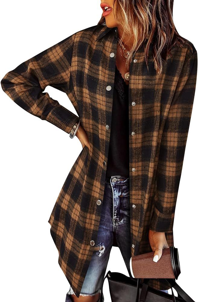 Zeagoo Flannel for Women 2023 Fall Fashion Long Sleeve Plaid Button Down Shirts Shacket Blouse To... | Amazon (US)